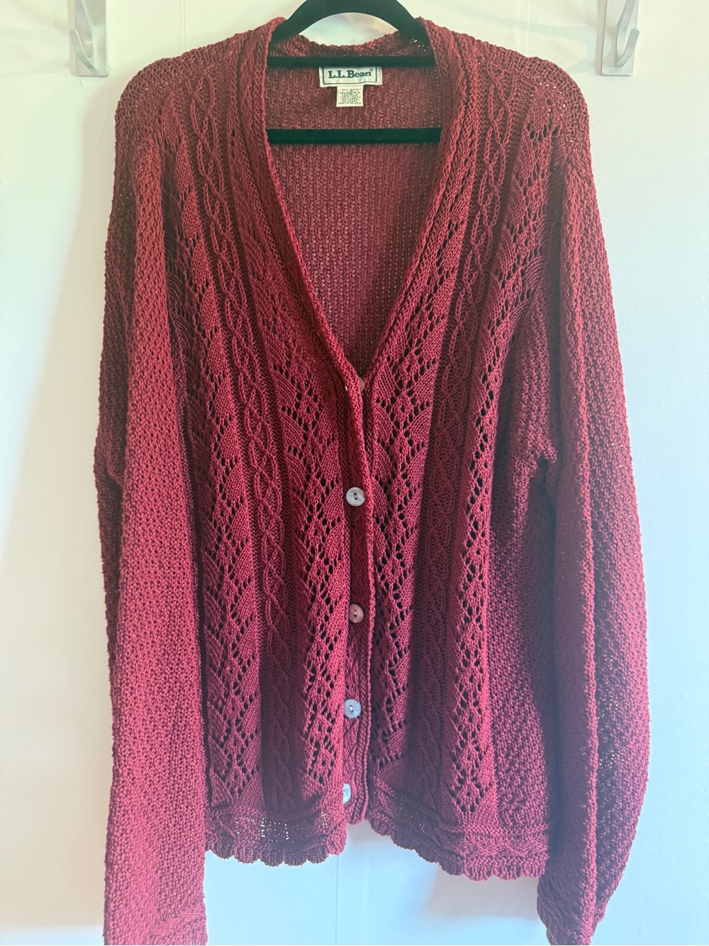 Vintage L.L.Bean Linen Cotton Cardigan Large Burgundy Cable Knit Button Sweater